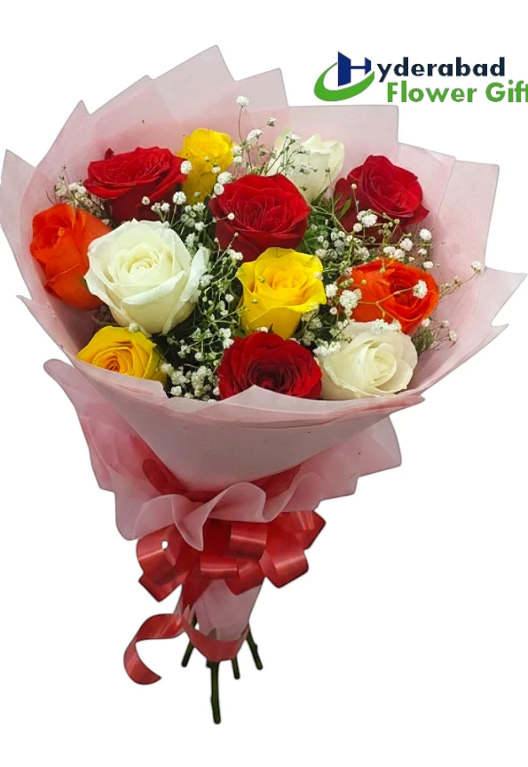 12 Mix Roses Hand Bouquet – Colorful Fresh Rose Bouquet for Same Day Delivery in Hyderabad