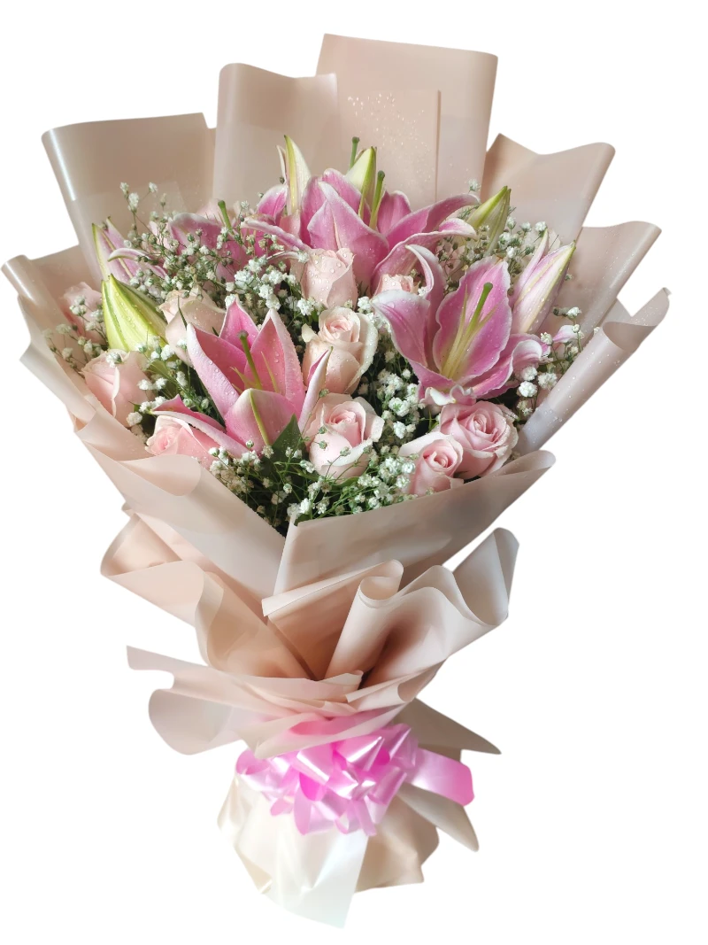 Premium Pink Oriental Lilies & Roses Hand Bouquet